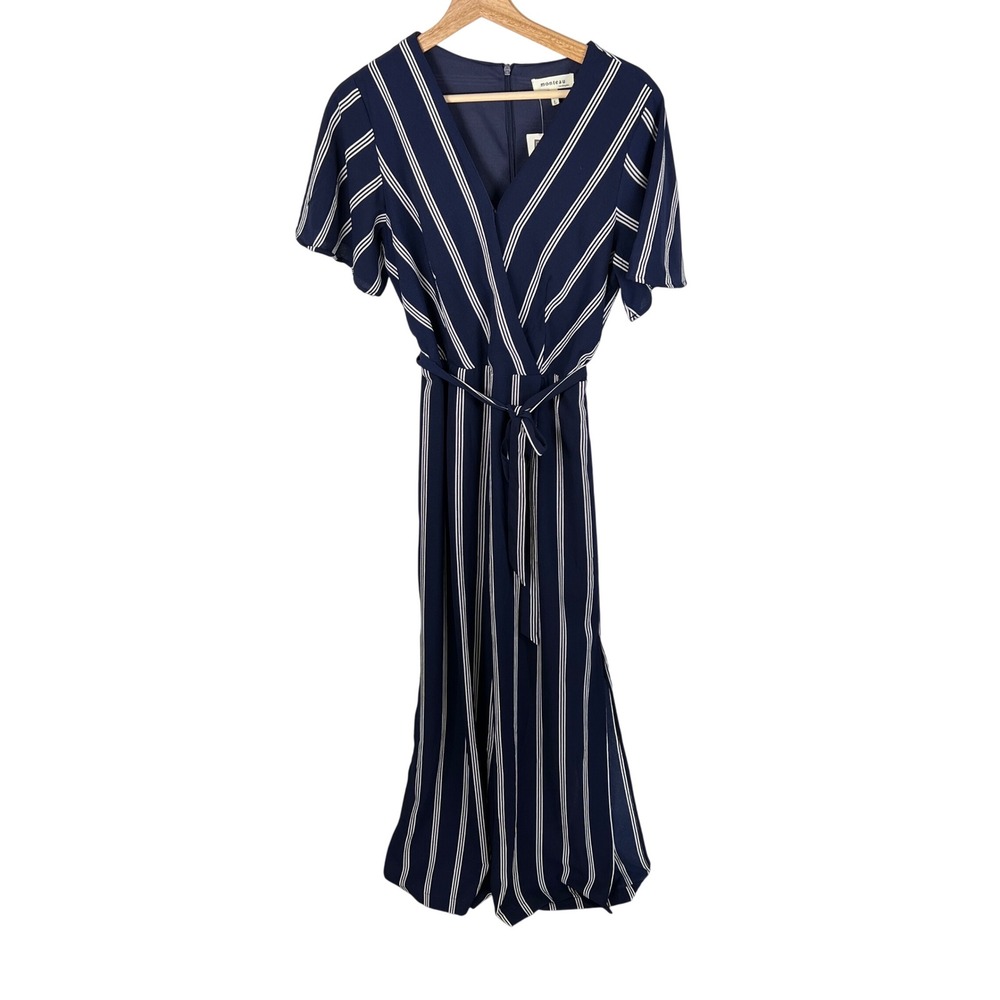 Monteau Los Angeles Navy Blue White Striped Jumpsuit Wide‎ Leg Large